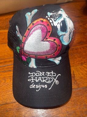 Ed Hardy Black Cap with Pink Heart & Silver Skull Embroidery